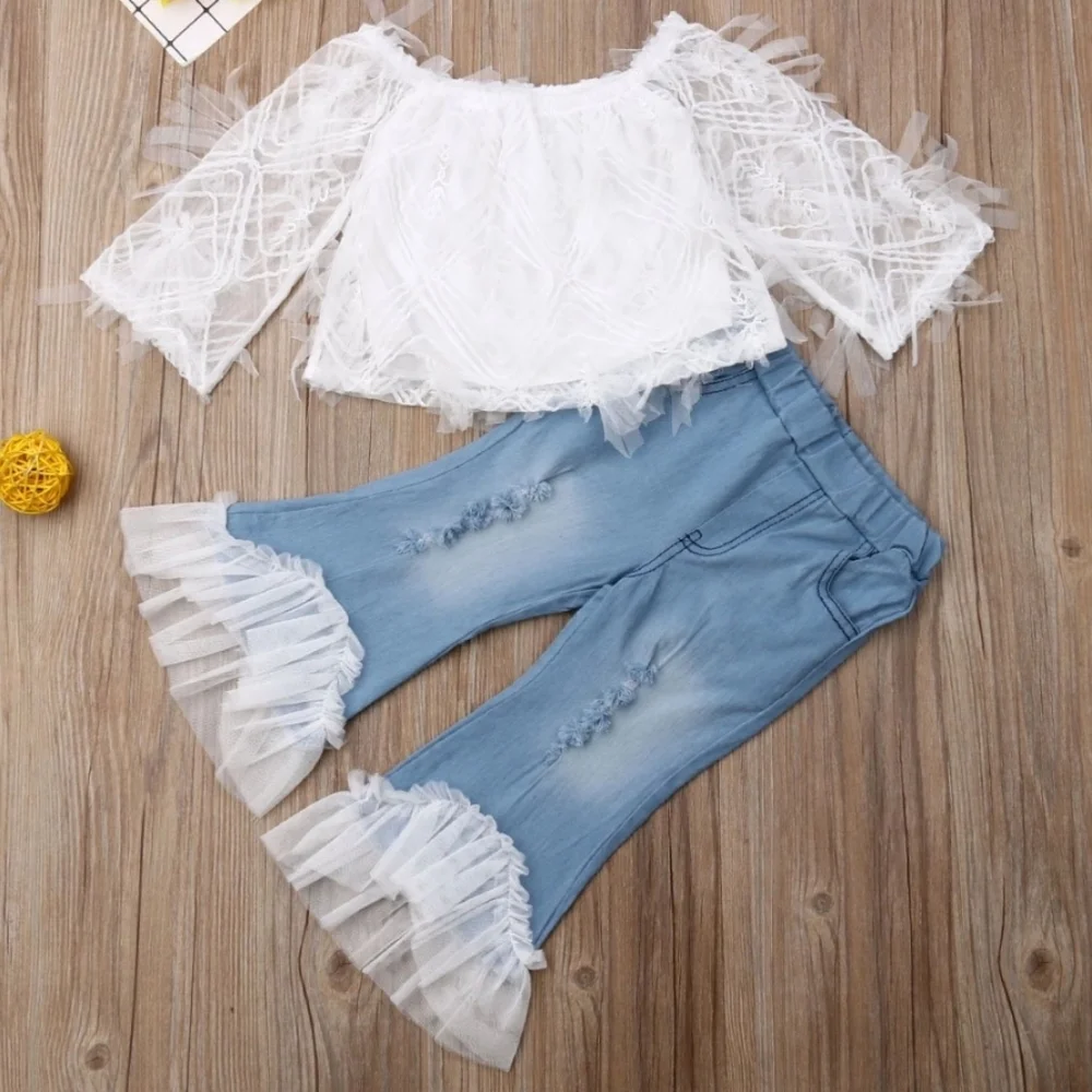 White Lace Off-Shoulder Top & Light Blue Ruffle Hem Jeans Toddler Girls Kids Set